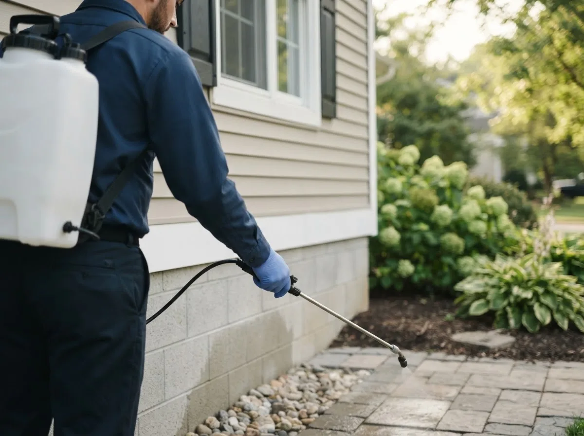 Pest control technician inspecting a home in Hamburg, IL